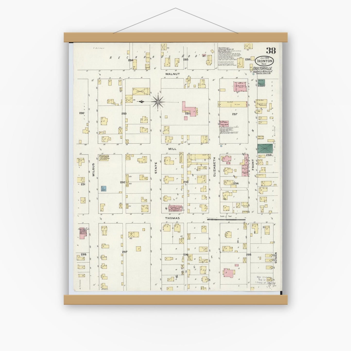 Old map wall art mockup — magnetic wood frame on white wall — Sanborn Fire Insurance Map from Ironton, Lawrence County, Ohio (1909), Sheet #0038