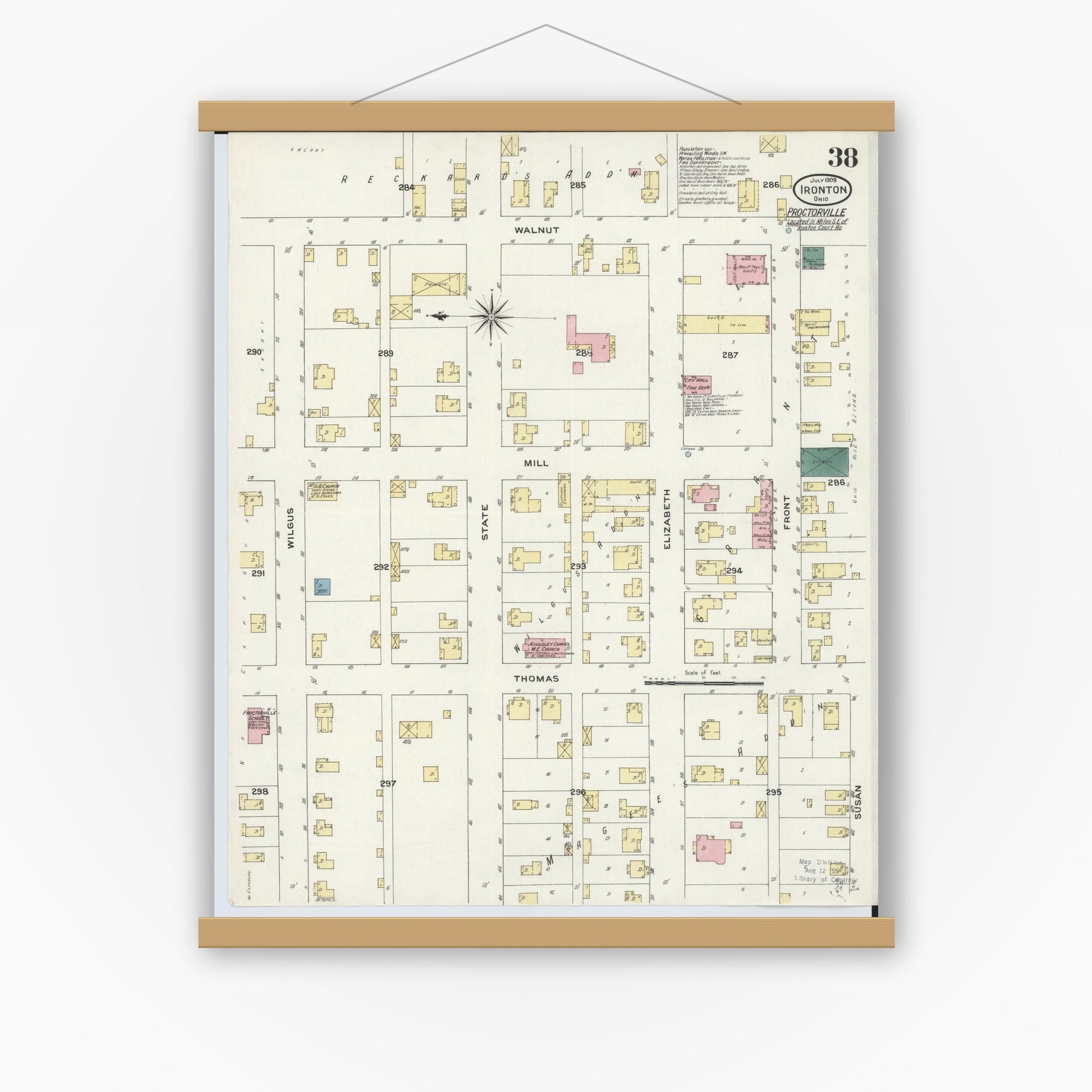 Old map wall art mockup — magnetic wood frame on white wall — Sanborn Fire Insurance Map from Ironton, Lawrence County, Ohio (1909), Sheet #0038