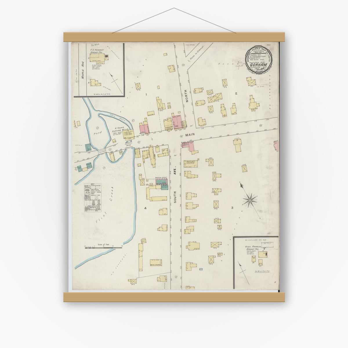 Old map wall art mockup — magnetic wood frame on white wall — Sanborn Fire Insurance Map from Gorham, Ontario County, New York (1894), Sheet #0001