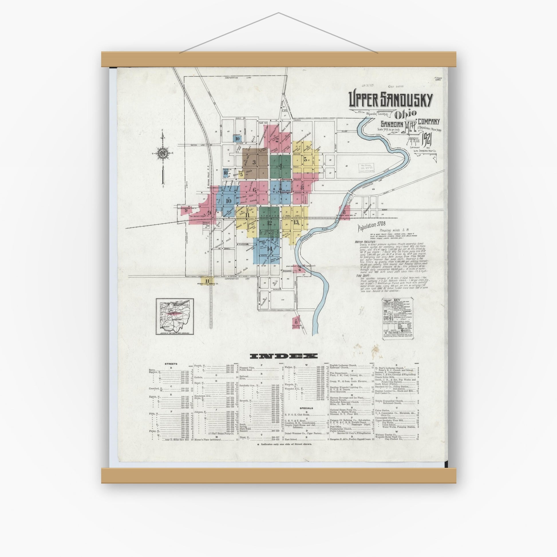 Old map wall art mockup — magnetic wood frame on white wall — Sanborn Fire Insurance Map from Upper Sandusky, Wyandot County, Ohio (1921) - Complete Map Set