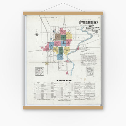 Old map wall art mockup — magnetic wood frame on white wall — Sanborn Fire Insurance Map from Upper Sandusky, Wyandot County, Ohio (1921) - Complete Map Set