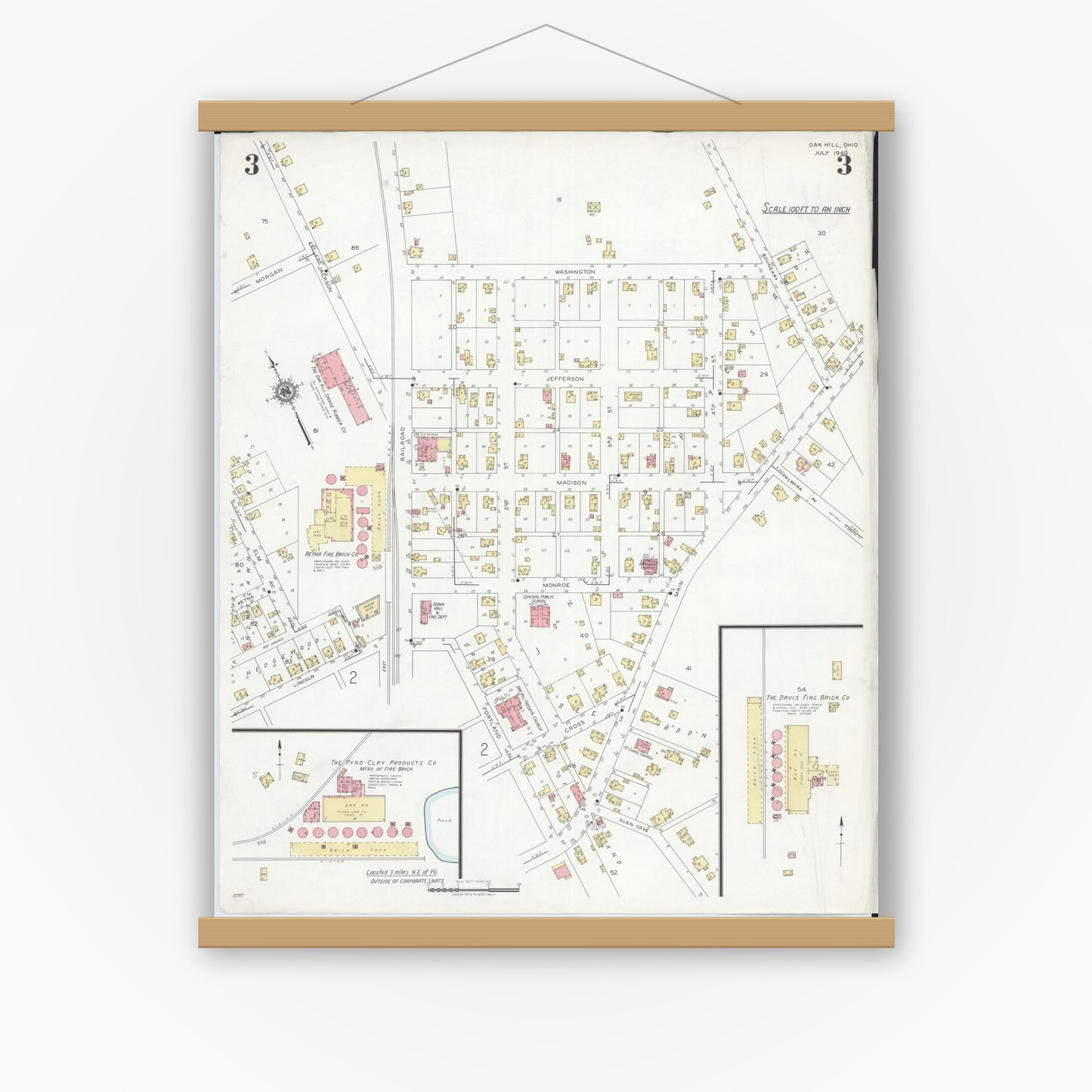 Old map wall art mockup — magnetic wood frame on white wall — Sanborn Fire Insurance Map from Oak Hill, Jackson County, Ohio (1940), Sheet #0003