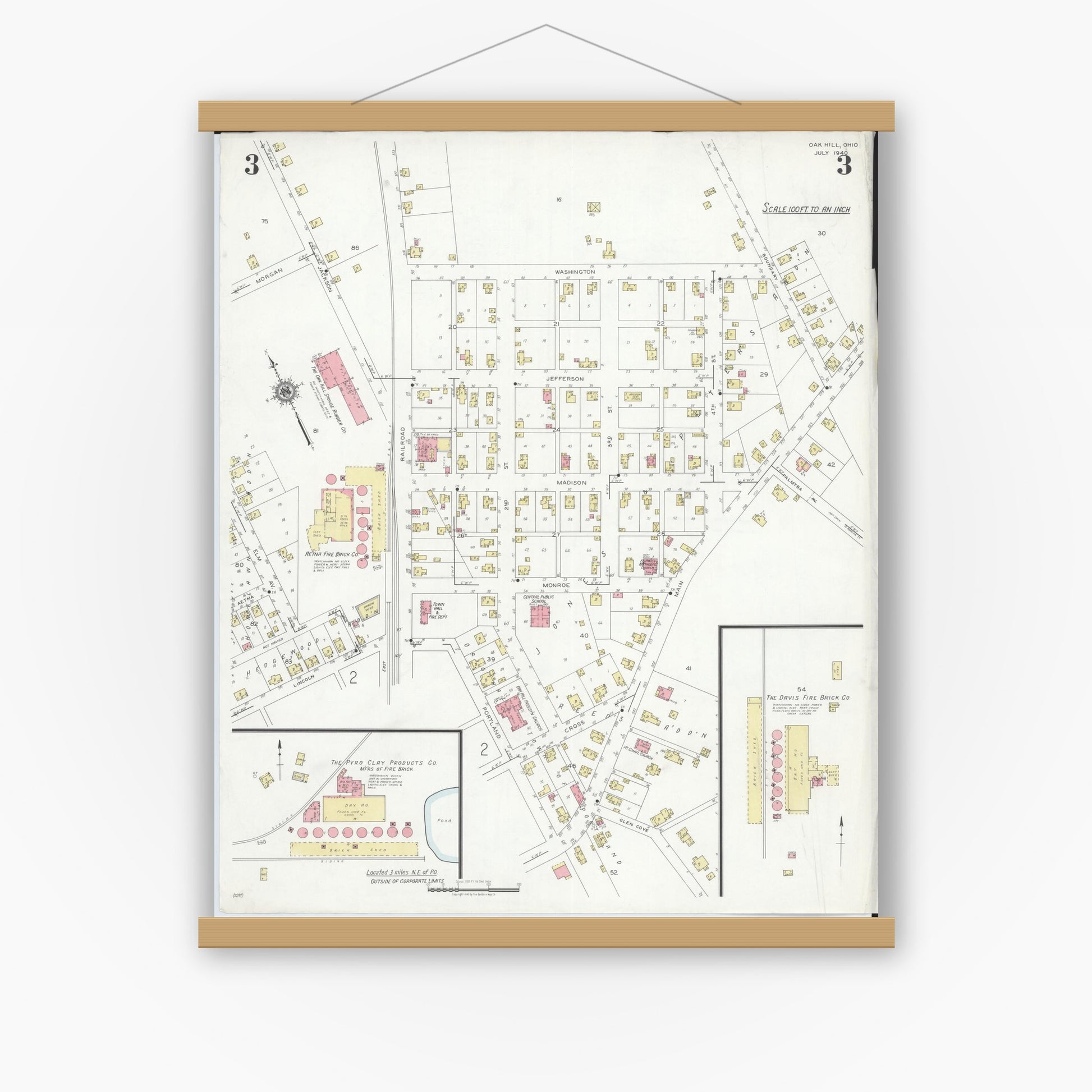 Old map wall art mockup — magnetic wood frame on white wall — Sanborn Fire Insurance Map from Oak Hill, Jackson County, Ohio (1940), Sheet #0003