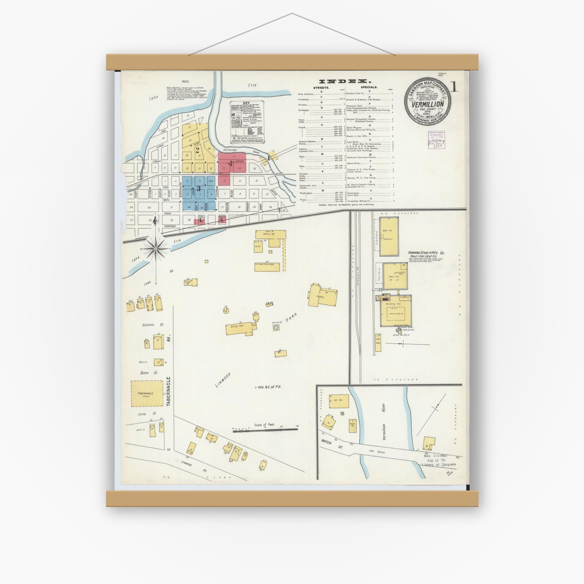 Old map wall art mockup — magnetic wood frame on white wall — Sanborn Fire Insurance Map from Vermillion, Erie County, Ohio (1904), Sheet #0001