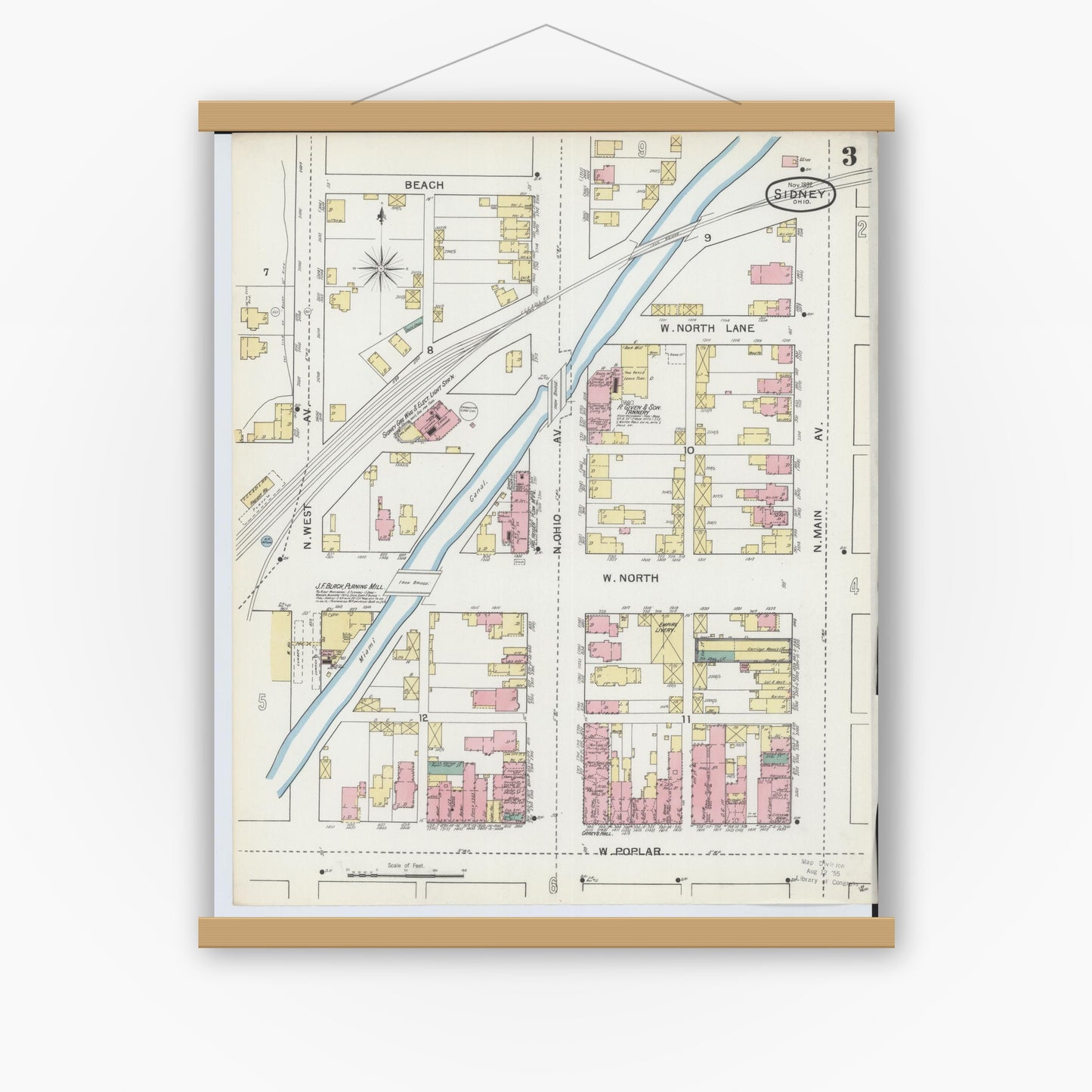 Old map wall art mockup — magnetic wood frame on white wall — Sanborn Fire Insurance Map from Sidney, Shelby County, Ohio (1892), Sheet #0003