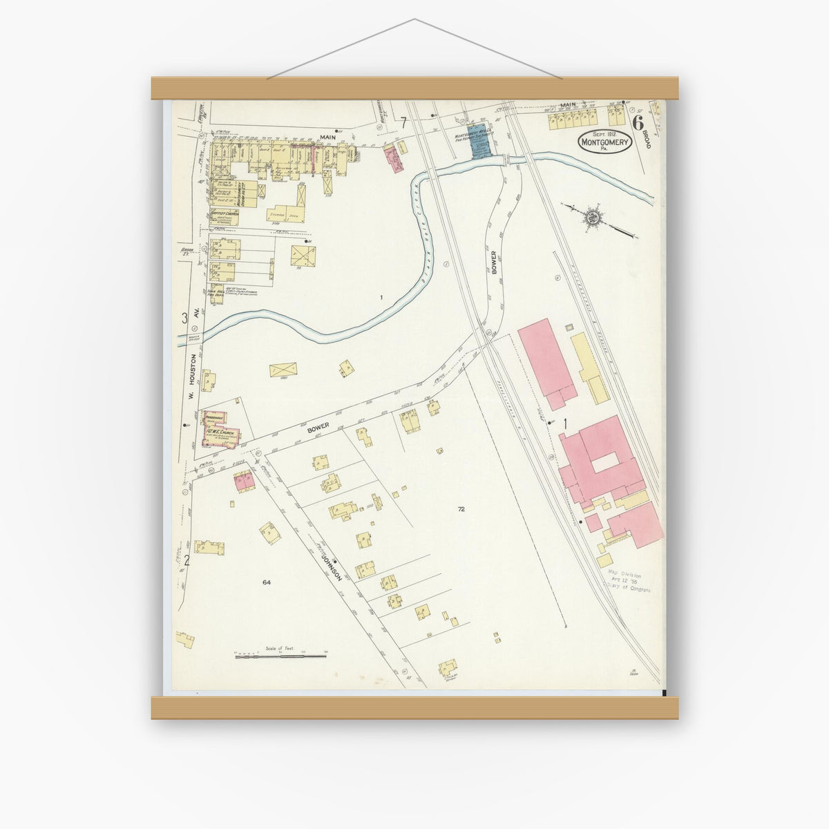 Old map wall art mockup — magnetic wood frame on white wall — Sanborn Fire Insurance Map from Montgomery, Lycoming County, Pennsylvania (1912), Sheet #0006