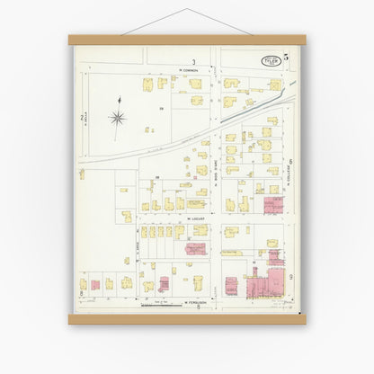 Old map wall art mockup — magnetic wood frame on white wall — Sanborn Fire Insurance Map from Tyler, Smith County, Texas (1907), Sheet #0005