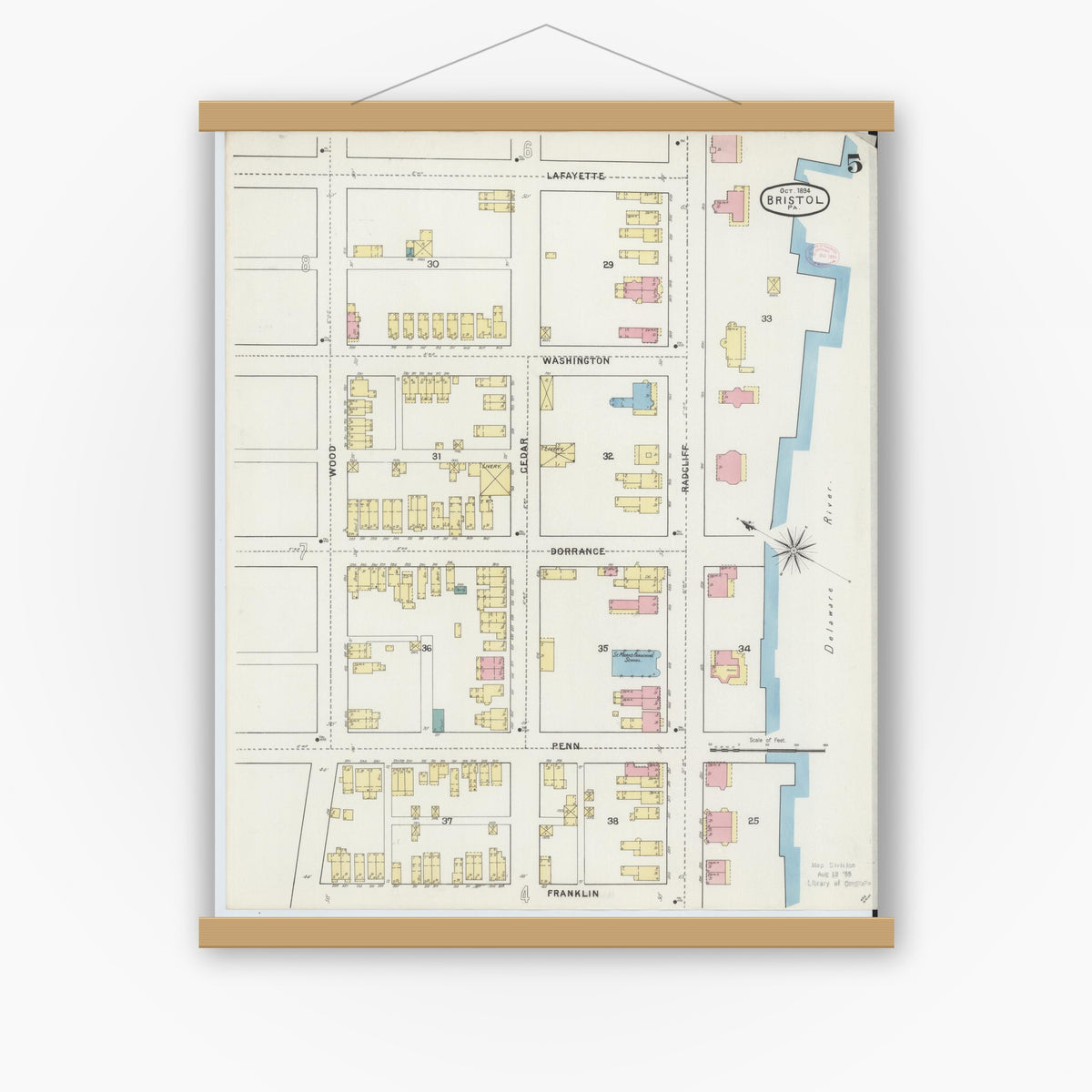 Old map wall art mockup — magnetic wood frame on white wall — Sanborn Fire Insurance Map from Bristol, Bucks County, Pennsylvania (1894), Sheet #0005