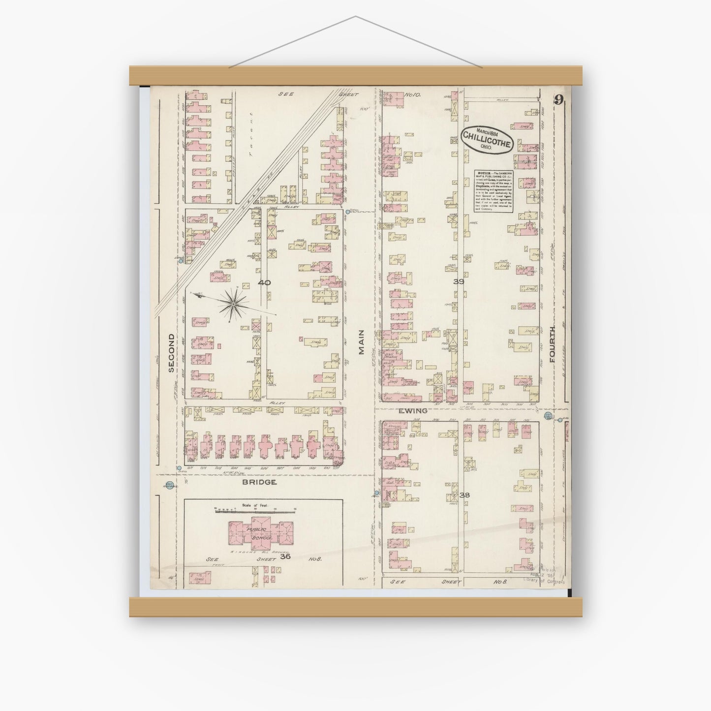 Old map wall art mockup — magnetic wood frame on white wall — Sanborn Fire Insurance Map from Chillicothe, Ross County, Ohio (1884), Sheet #0009