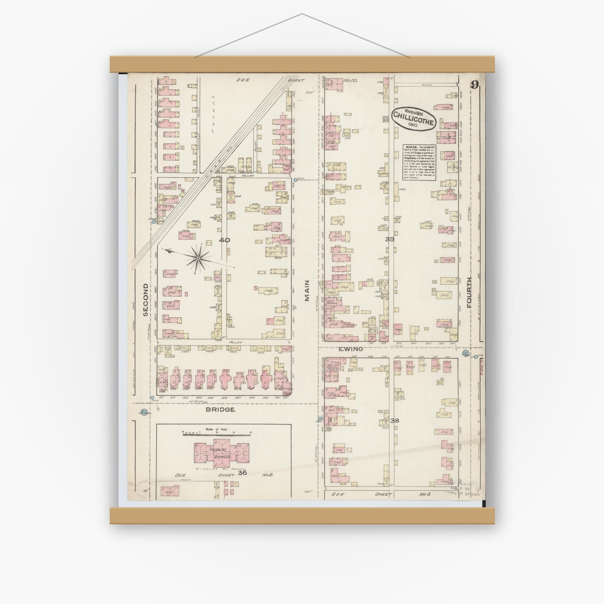 Old map wall art mockup — magnetic wood frame on white wall — Sanborn Fire Insurance Map from Chillicothe, Ross County, Ohio (1884), Sheet #0009