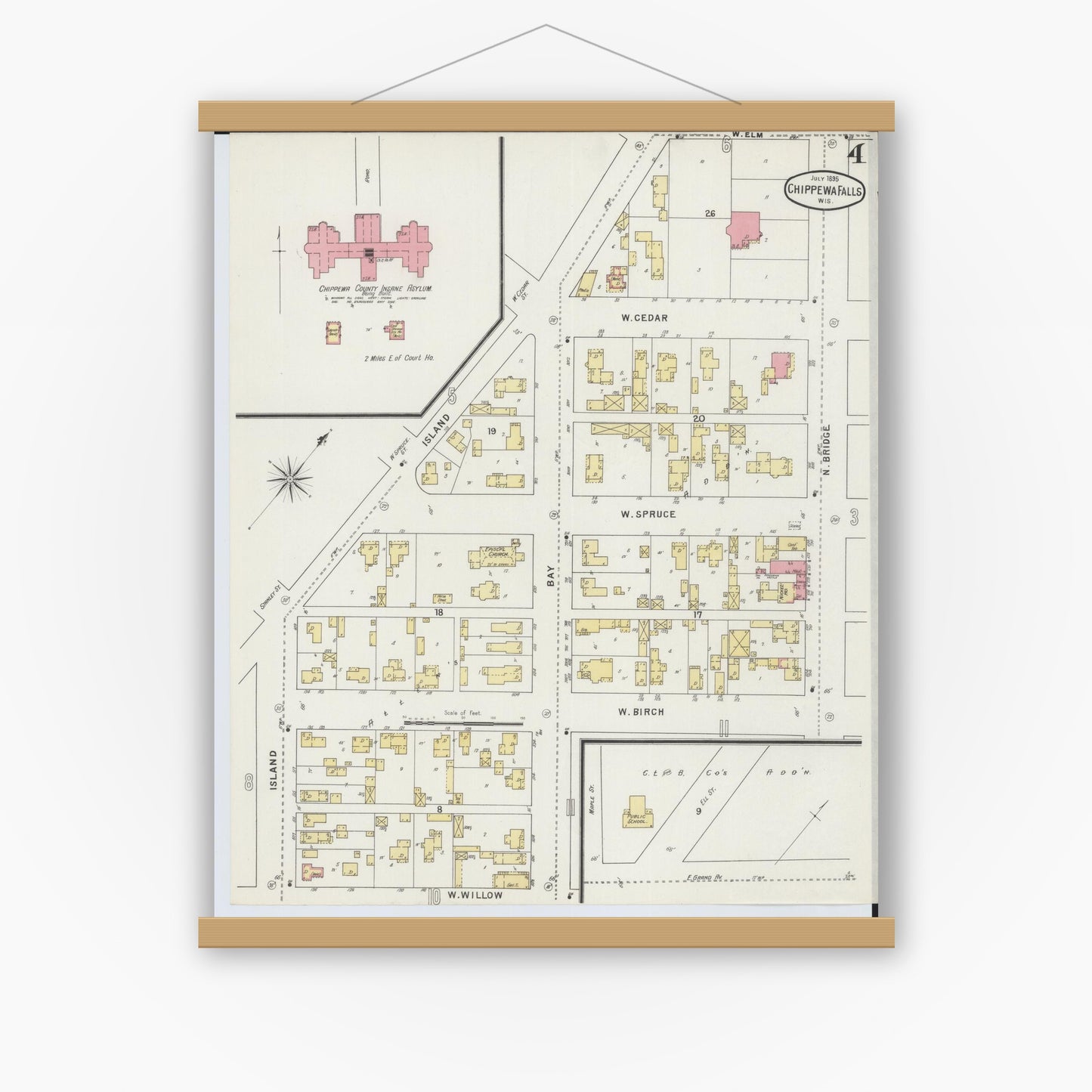 Old map wall art mockup — magnetic wood frame on white wall — Sanborn Fire Insurance Map from Chippewa Falls, Chippewa County, Wisconsin (1895), Sheet #0004