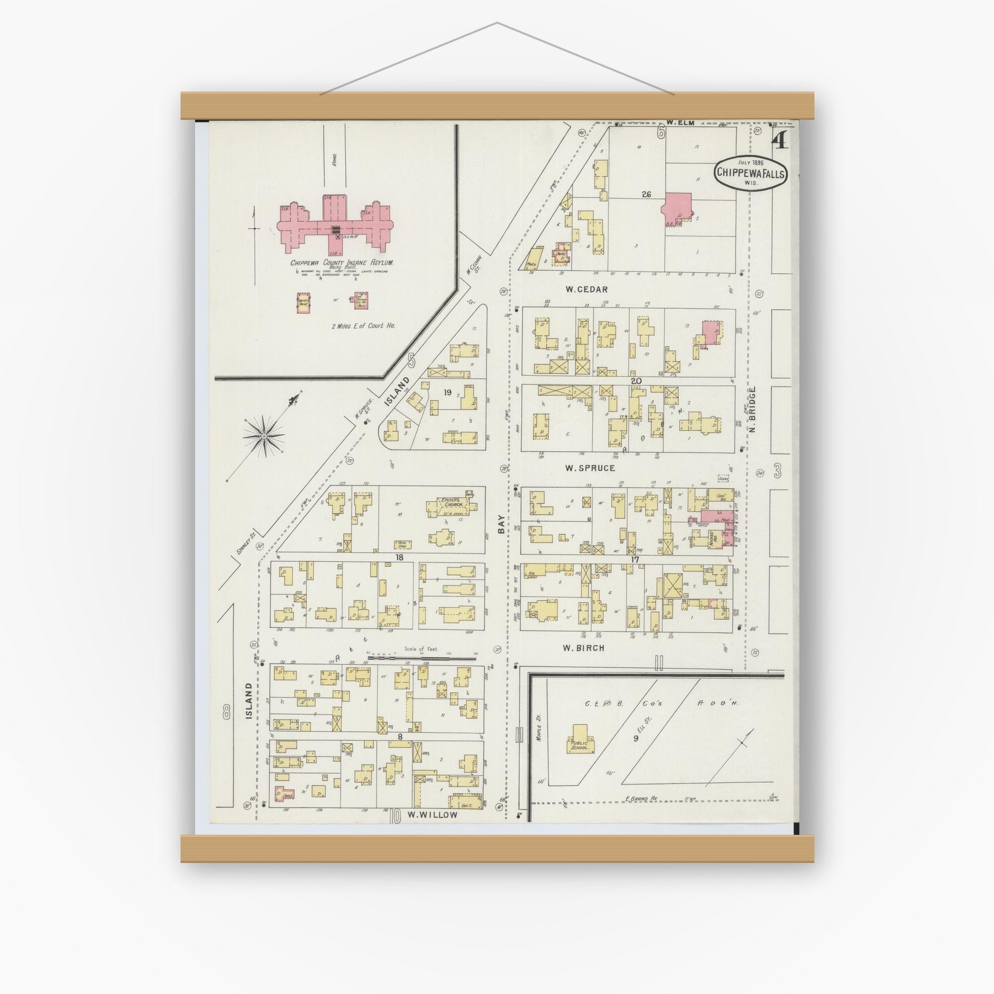 Old map wall art mockup — magnetic wood frame on white wall — Sanborn Fire Insurance Map from Chippewa Falls, Chippewa County, Wisconsin (1895), Sheet #0004