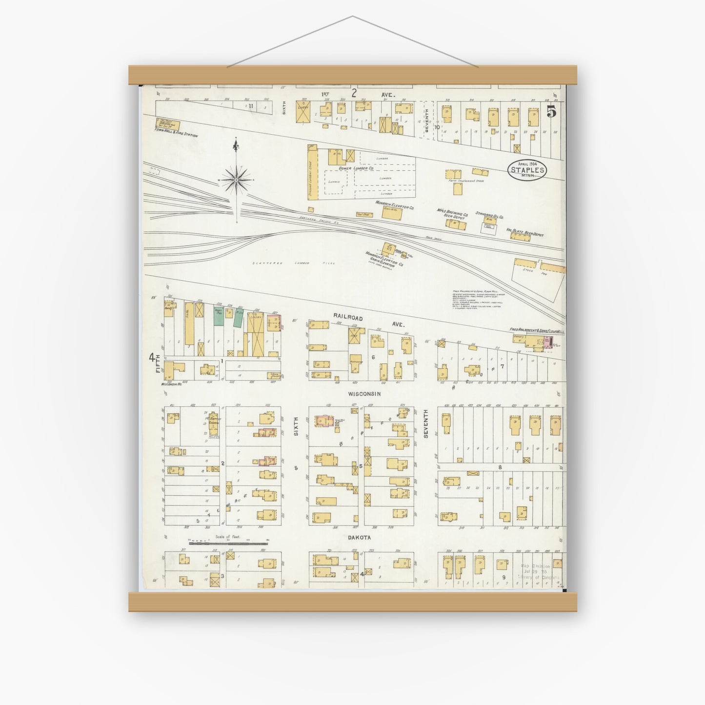 Old map wall art mockup — magnetic wood frame on white wall — Sanborn Fire Insurance Map from Staples, Todd County, Minnesota (1904), Sheet #0005