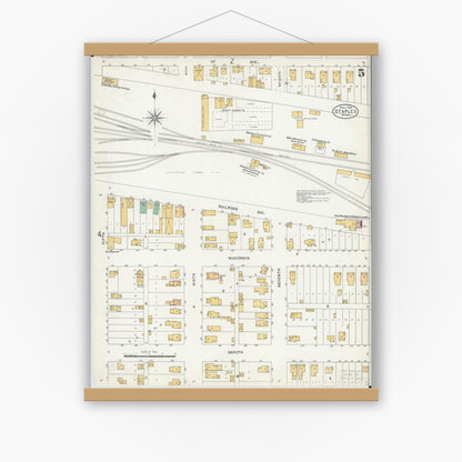 Old map wall art mockup — magnetic wood frame on white wall — Sanborn Fire Insurance Map from Staples, Todd County, Minnesota (1904), Sheet #0005