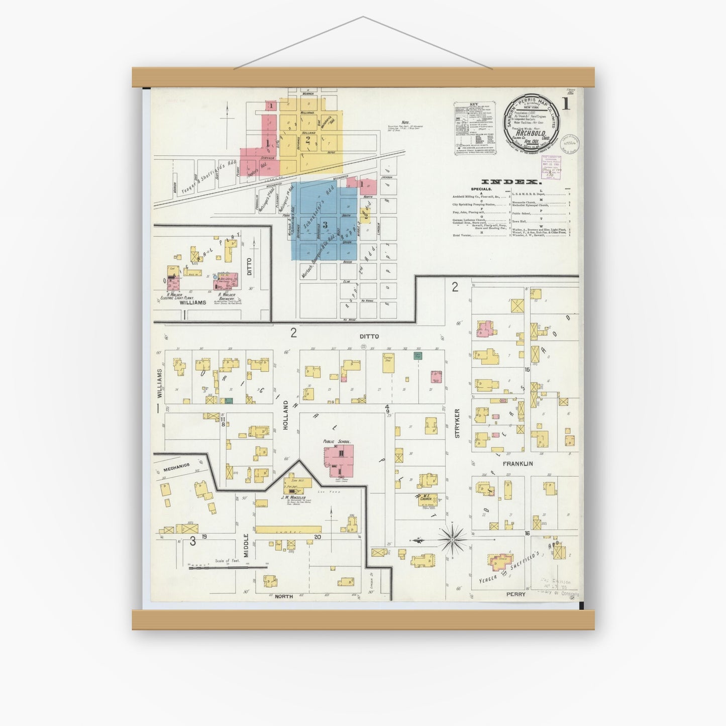 Old map wall art mockup — magnetic wood frame on white wall — Sanborn Fire Insurance Map from Archbold, Fulton County, Ohio (1901) - Complete Map Set
