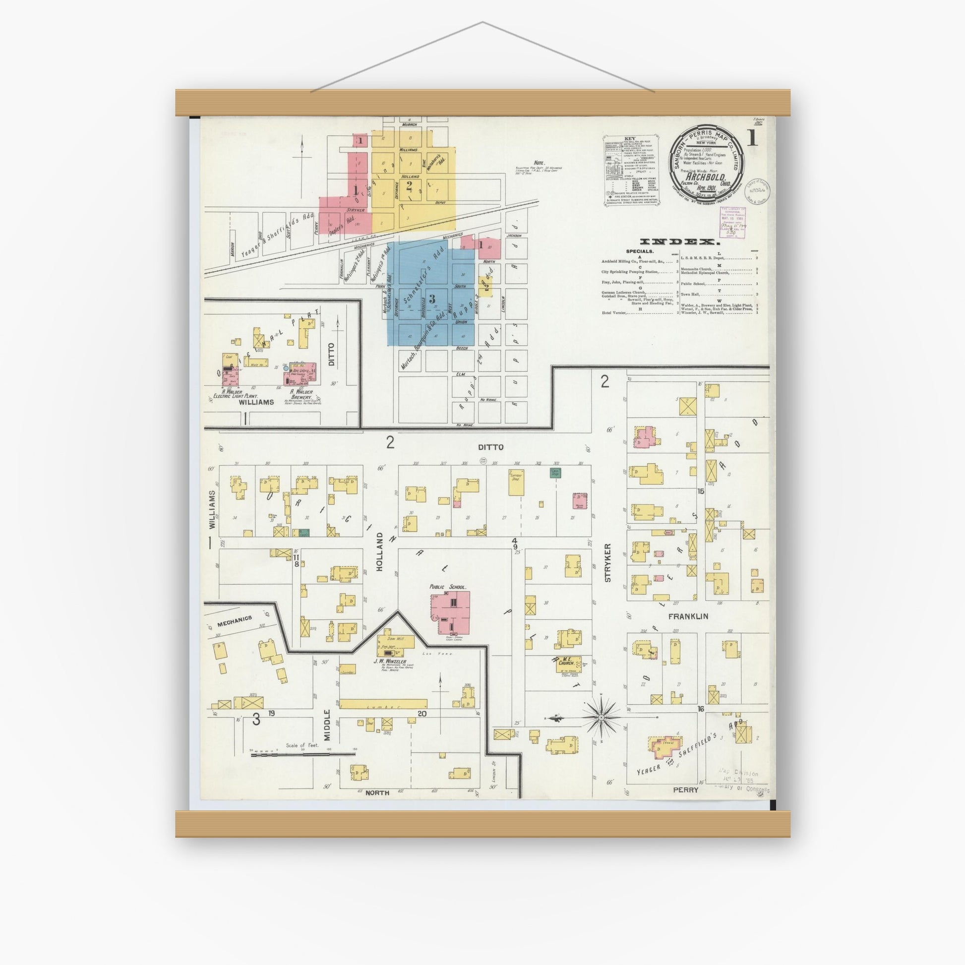 Old map wall art mockup — magnetic wood frame on white wall — Sanborn Fire Insurance Map from Archbold, Fulton County, Ohio (1901) - Complete Map Set