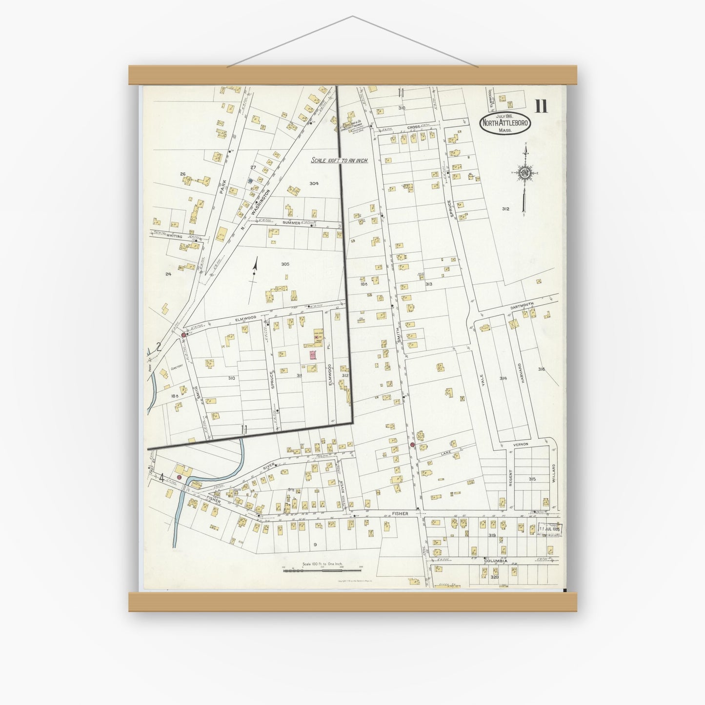 Old map wall art mockup — magnetic wood frame on white wall — Sanborn Fire Insurance Map from North Attleborough, Bristol County, Massachusetts (1916), Sheet #0011