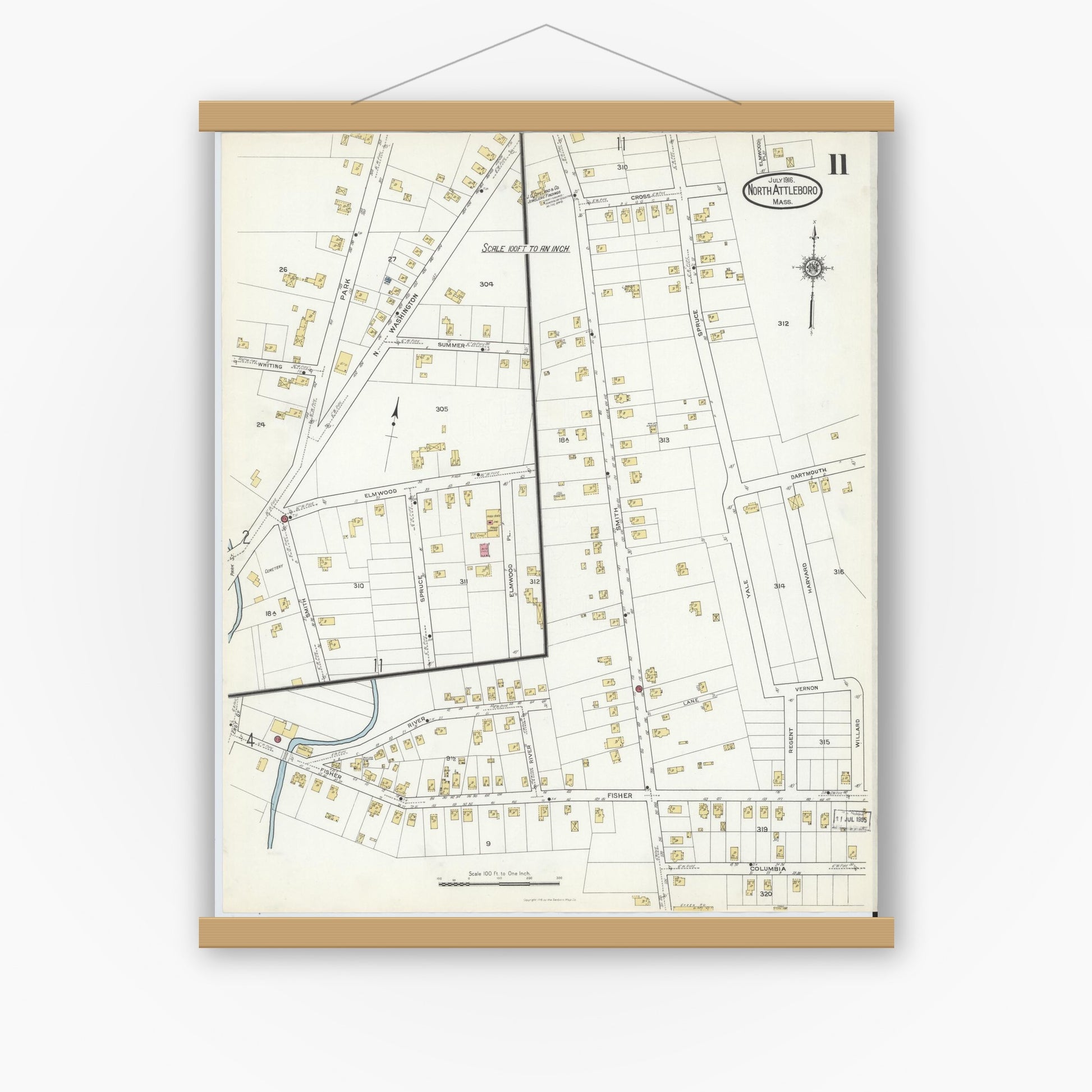 Old map wall art mockup — magnetic wood frame on white wall — Sanborn Fire Insurance Map from North Attleborough, Bristol County, Massachusetts (1916), Sheet #0011