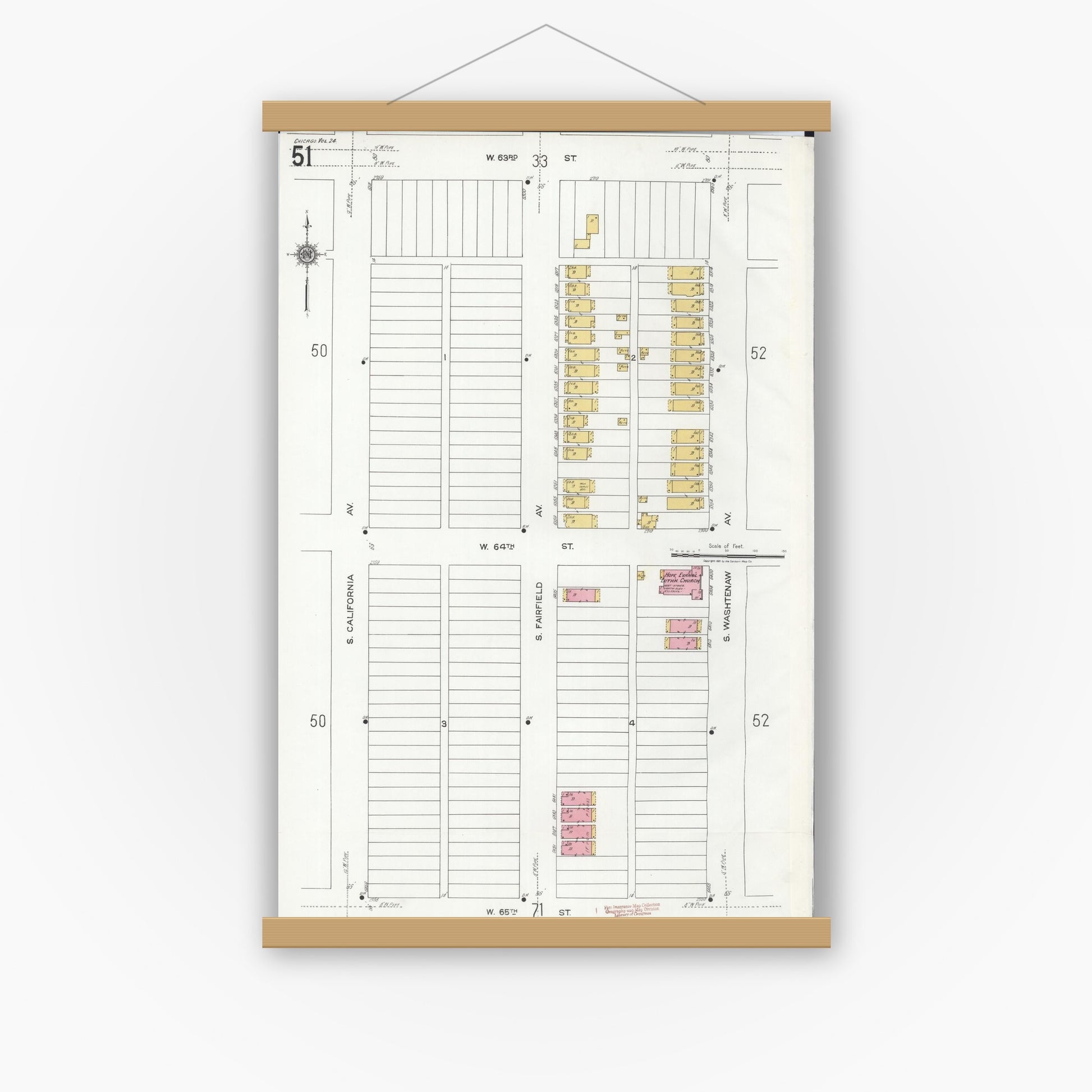 Old map wall art mockup — magnetic wood frame on white wall — Sanborn Fire Insurance Map from Chicago, Cook County, Illinois (1920), Sheet #0051