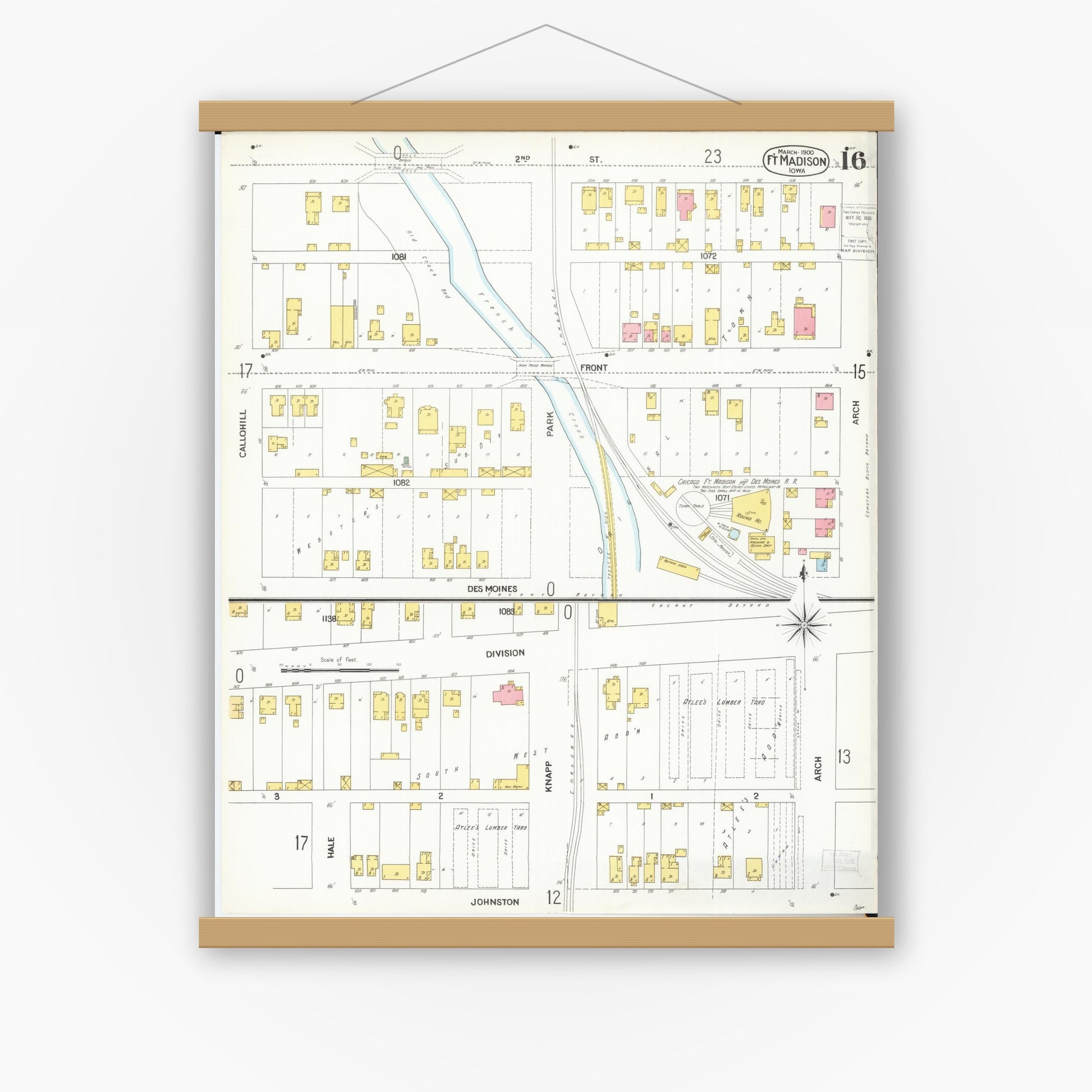 Old map wall art mockup — magnetic wood frame on white wall — Sanborn Fire Insurance Map from Fort Madison, Lee County, Iowa (1900), Sheet #0016