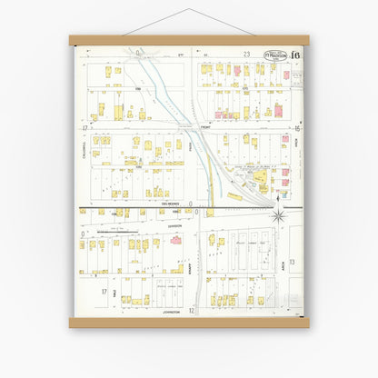 Old map wall art mockup — magnetic wood frame on white wall — Sanborn Fire Insurance Map from Fort Madison, Lee County, Iowa (1900), Sheet #0016
