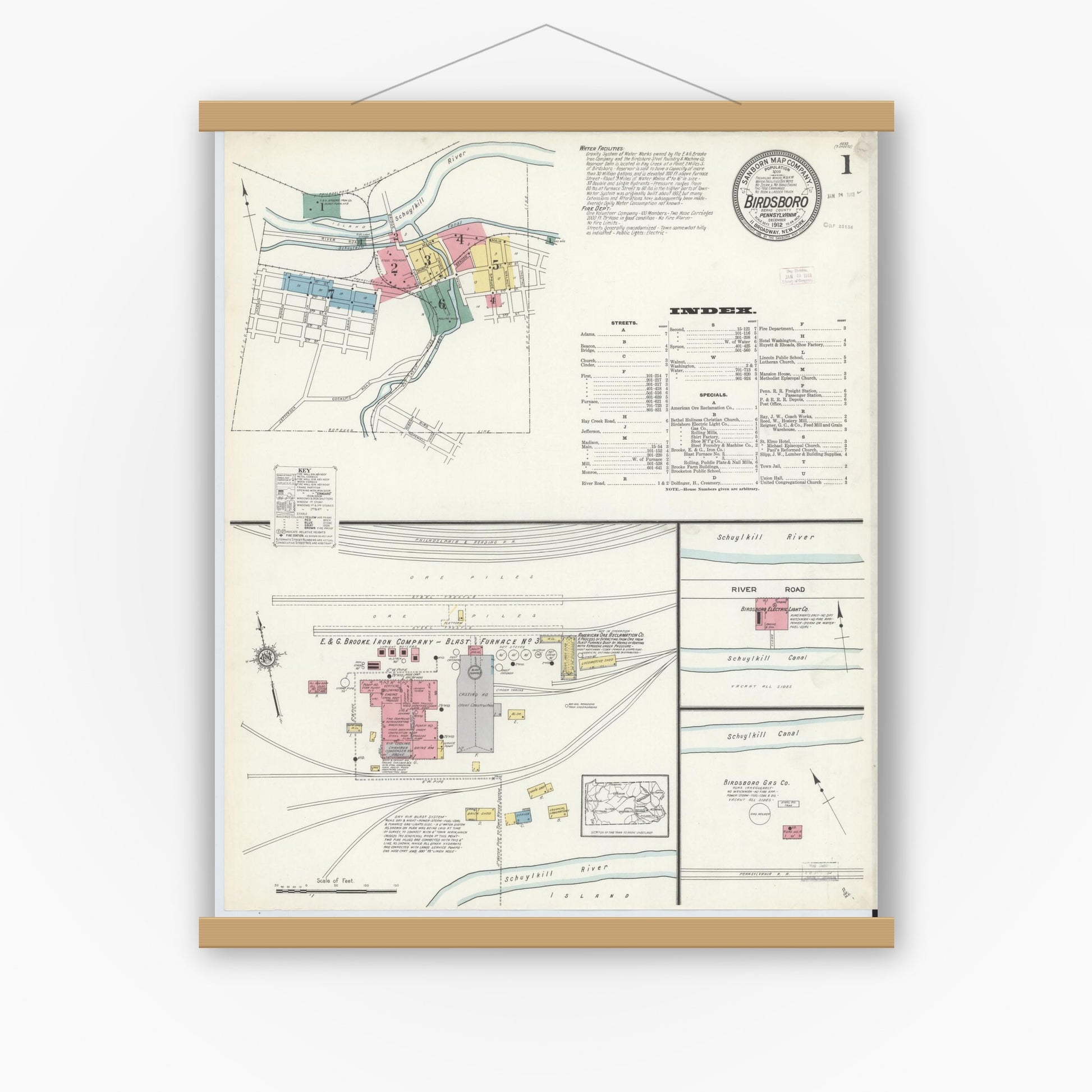 Old map wall art mockup — magnetic wood frame on white wall — Sanborn Fire Insurance Map from Birdsboro, Berks County, Pennsylvania (1912) - Complete Map Set