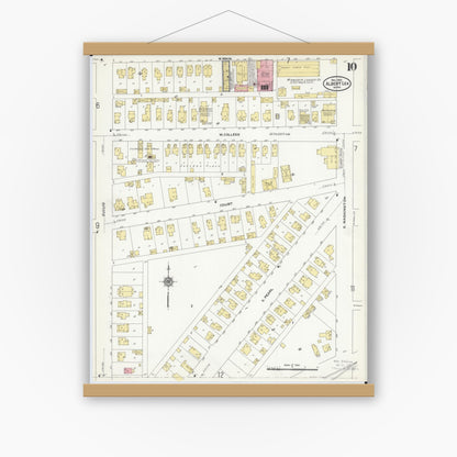 Old map wall art mockup — magnetic wood frame on white wall — Sanborn Fire Insurance Map from Albert Lea, Freeborn County, Minnesota (1910), Sheet #0010