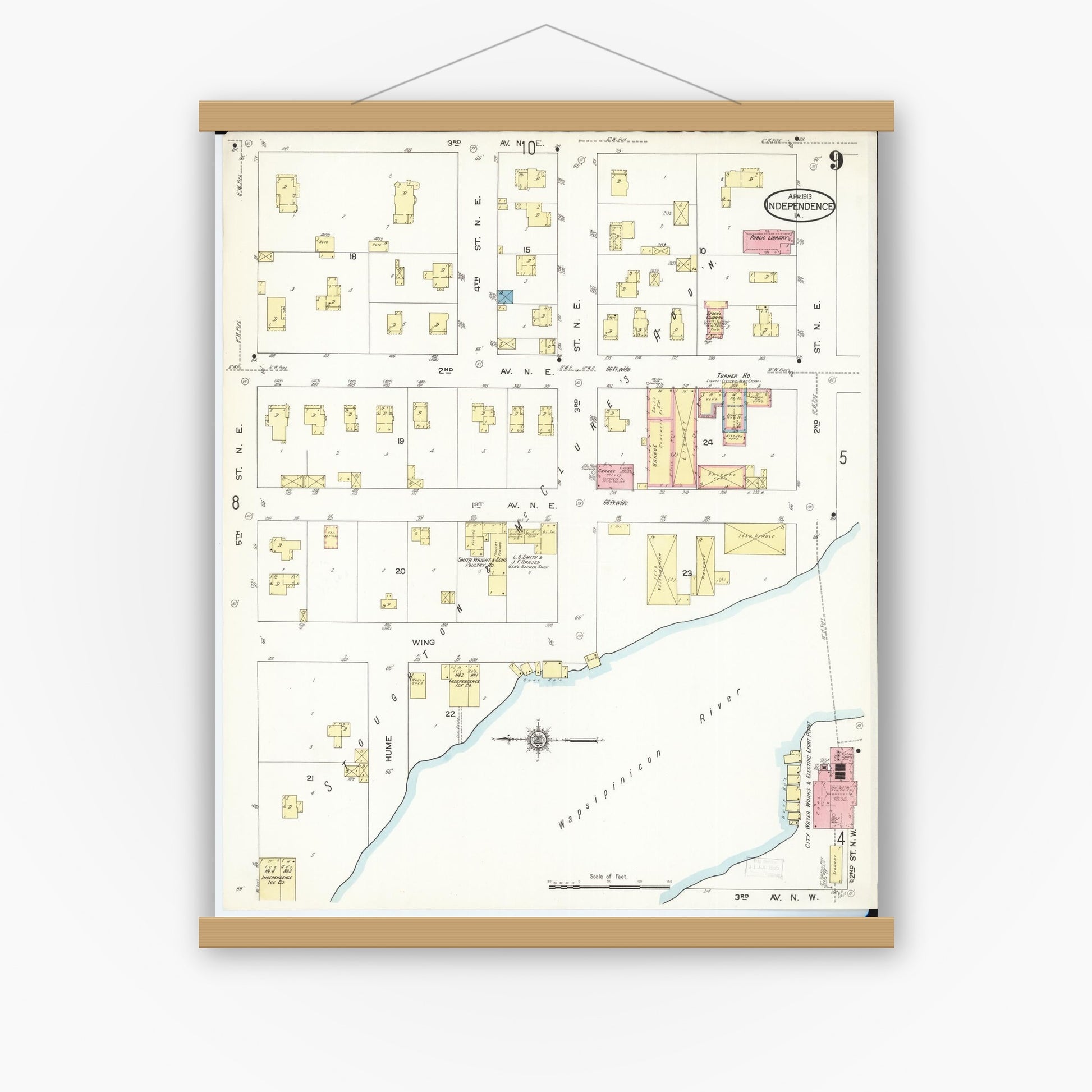 Old map wall art mockup — magnetic wood frame on white wall — Sanborn Fire Insurance Map from Independence, Buchanan County, Iowa (1913), Sheet #0009