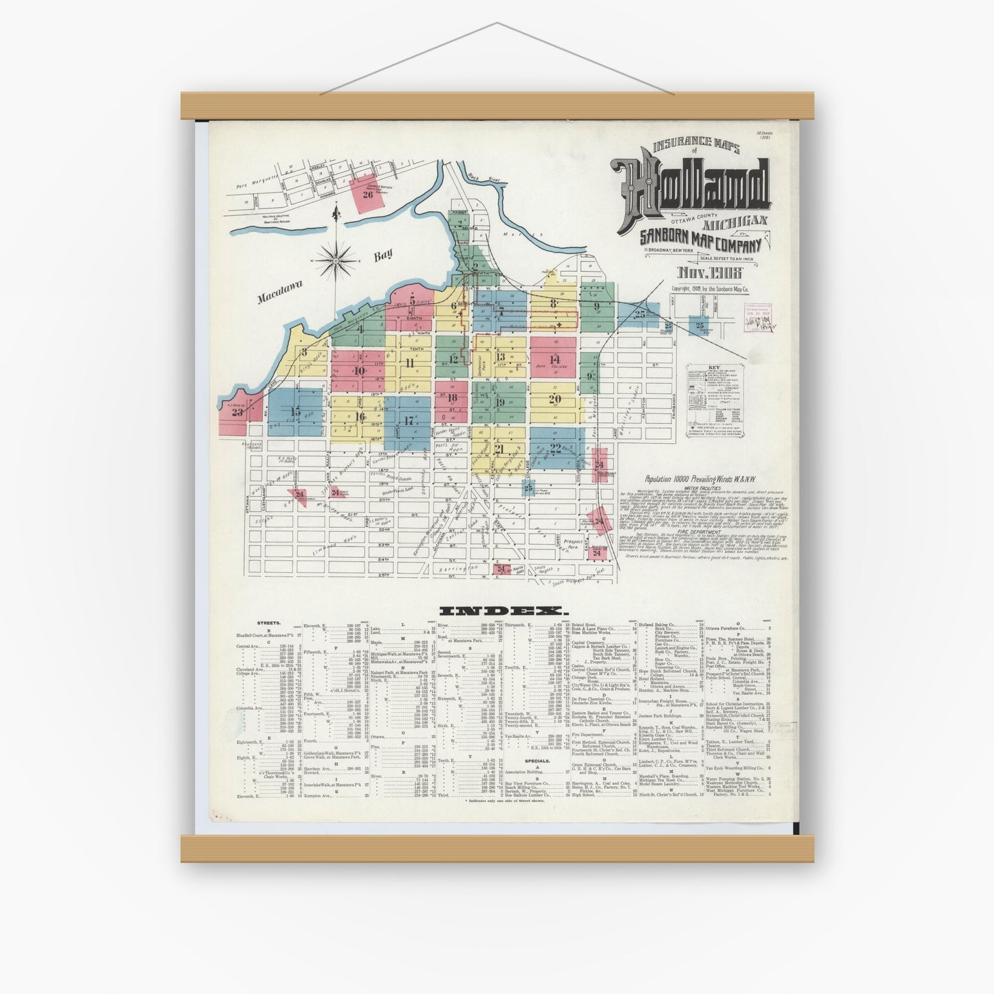 Old map wall art mockup — magnetic wood frame on white wall — Sanborn Fire Insurance Map from Holland, Ottawa County, Michigan (1908) - Complete Map Set