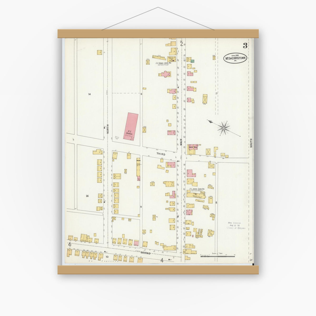 Old map wall art mockup — magnetic wood frame on white wall — Sanborn Fire Insurance Map from McSherrystown, Adams County, Pennsylvania (1899), Sheet #0003