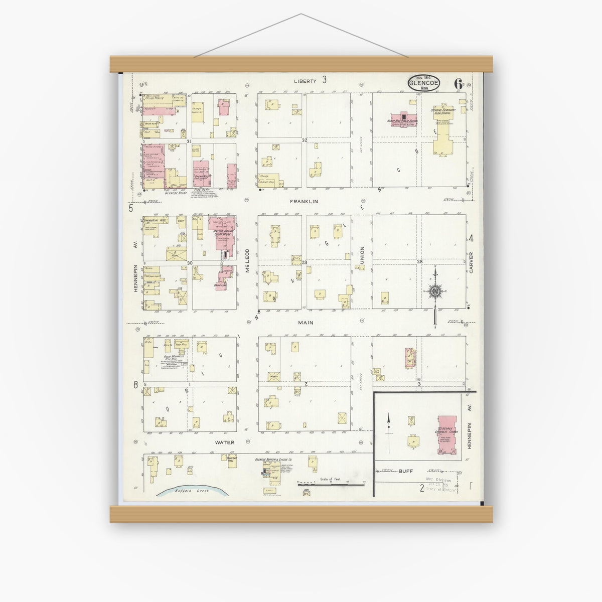 Old map wall art mockup — magnetic wood frame on white wall — Sanborn Fire Insurance Map from Glencoe, Mcleod County, Minnesota (1914), Sheet #0006