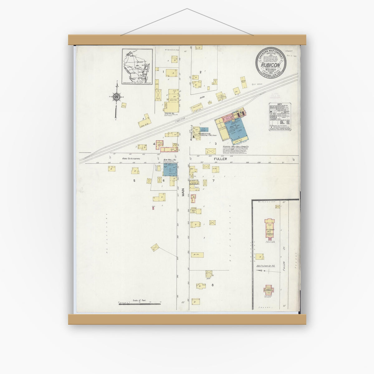 Old map wall art mockup — magnetic wood frame on white wall — Sanborn Fire Insurance Map from Rubicon, Dodge County, Wisconsin (1912), Sheet #0001