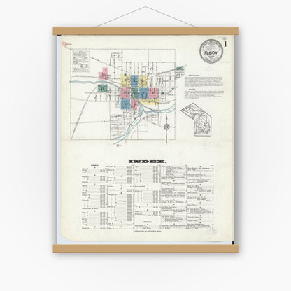 Old map wall art mockup — magnetic wood frame on white wall — Sanborn Fire Insurance Map from Albion, Calhoun County, Michigan (1913) - Complete Map Set