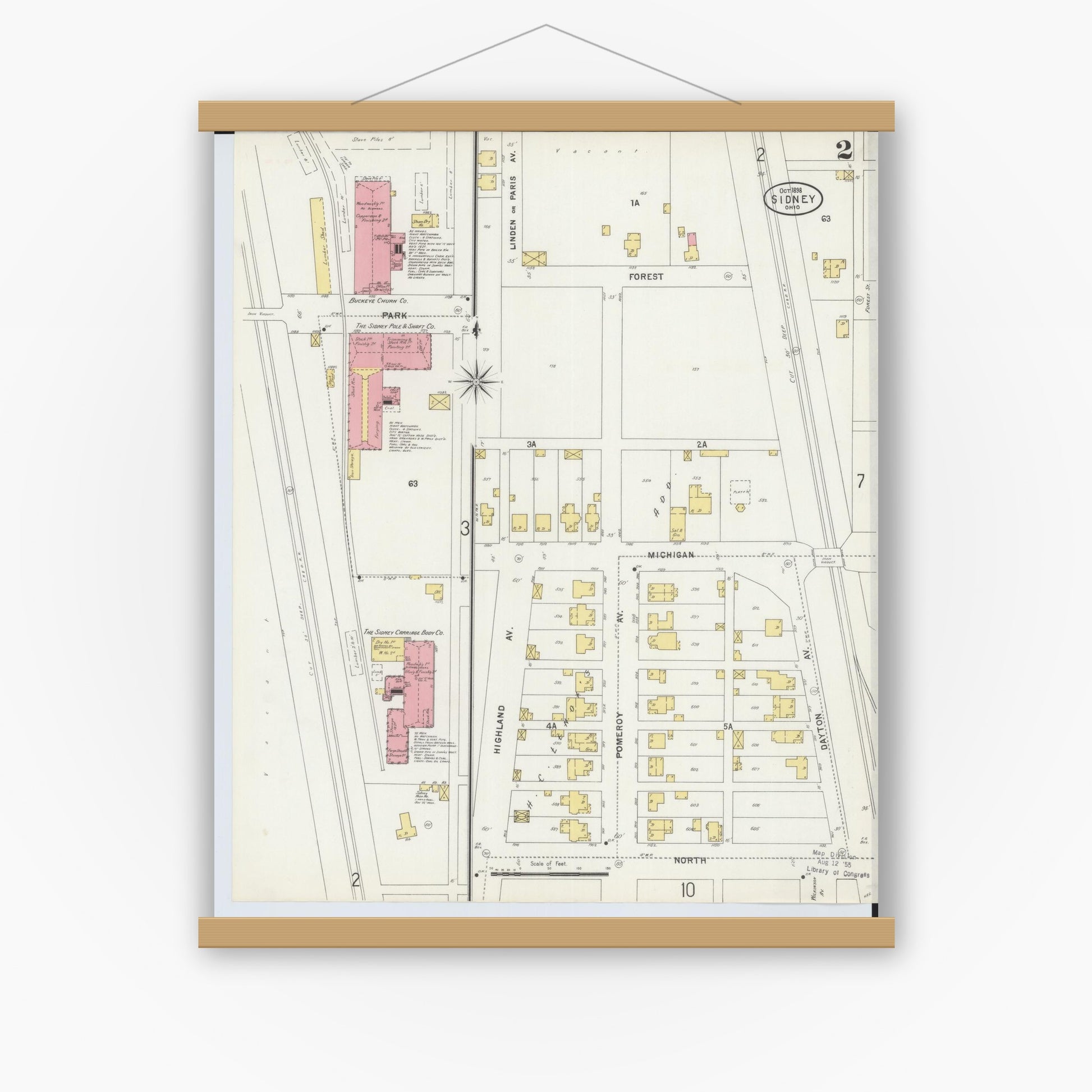 Old map wall art mockup — magnetic wood frame on white wall — Sanborn Fire Insurance Map from Sidney, Shelby County, Ohio (1898), Sheet #0002