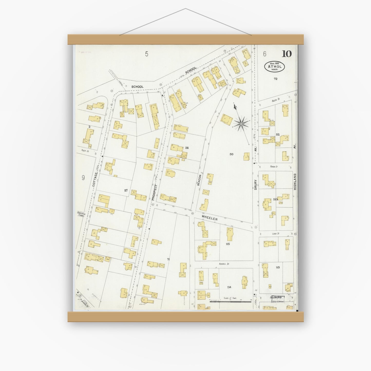 Old map wall art mockup — magnetic wood frame on white wall — Sanborn Fire Insurance Map from Athol, Worcester County, Massachusetts (1905), Sheet #0010