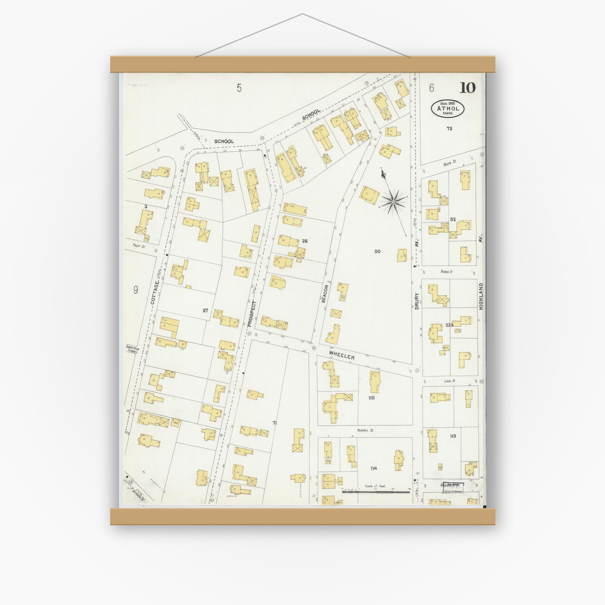 Old map wall art mockup — magnetic wood frame on white wall — Sanborn Fire Insurance Map from Athol, Worcester County, Massachusetts (1905), Sheet #0010