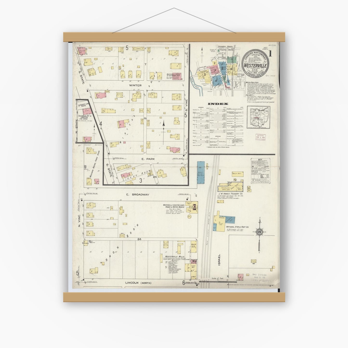 Old map wall art mockup — magnetic wood frame on white wall — Sanborn Fire Insurance Map from Westerville, Franklin County, Ohio (1913), Sheet #0001