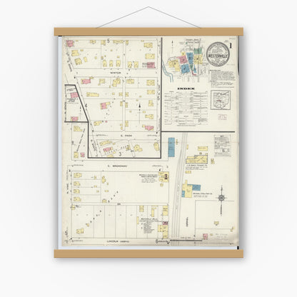 Old map wall art mockup — magnetic wood frame on white wall — Sanborn Fire Insurance Map from Westerville, Franklin County, Ohio (1913), Sheet #0001