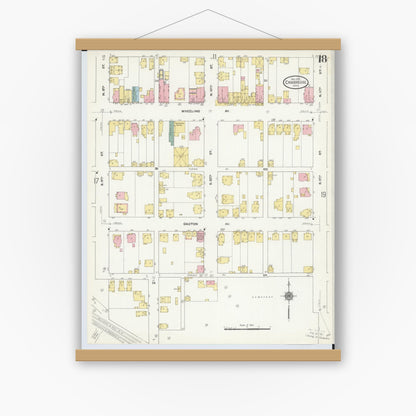 Old map wall art mockup — magnetic wood frame on white wall — Sanborn Fire Insurance Map from Cambridge, Guernsey County, Ohio (1909), Sheet #0018
