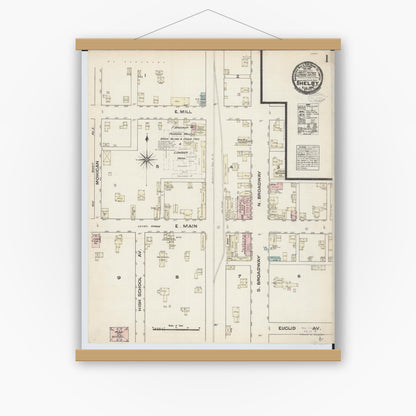 Old map wall art mockup — magnetic wood frame on white wall — Sanborn Fire Insurance Map from Shelby, Ricland County, Ohio (1884), Sheet #0001