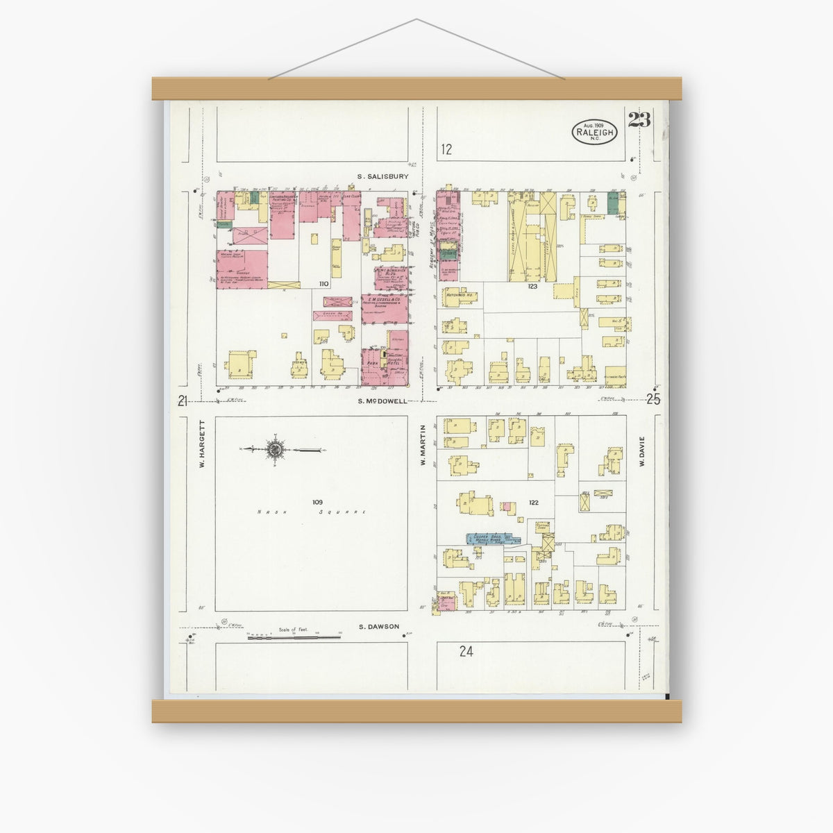 Old map wall art mockup — magnetic wood frame on white wall — Sanborn Fire Insurance Map from Raleigh, Wake County, North Carolina (1909), Sheet #0023