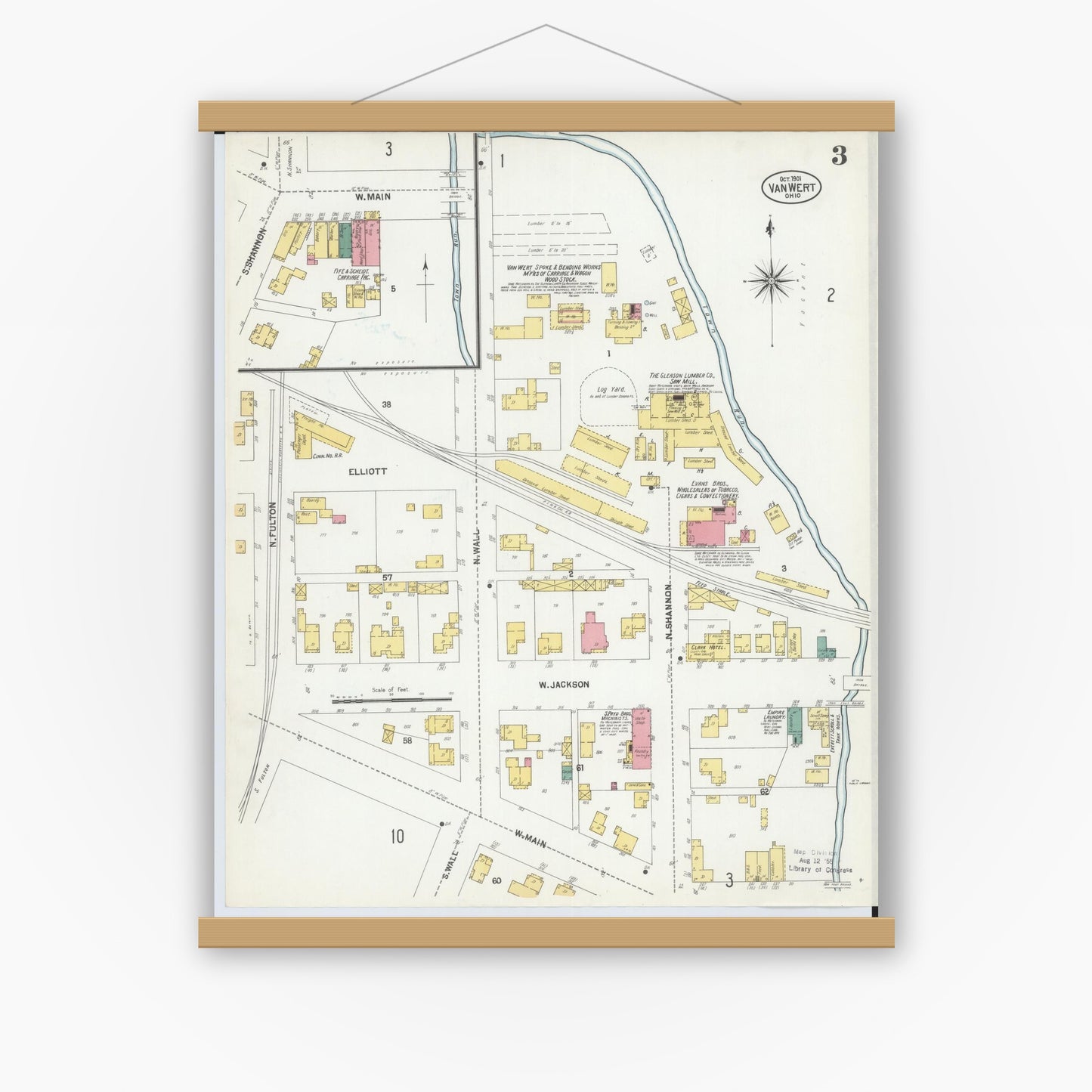 Old map wall art mockup — magnetic wood frame on white wall — Sanborn Fire Insurance Map from Van Wert, Van Wert County, Ohio (1901), Sheet #0003