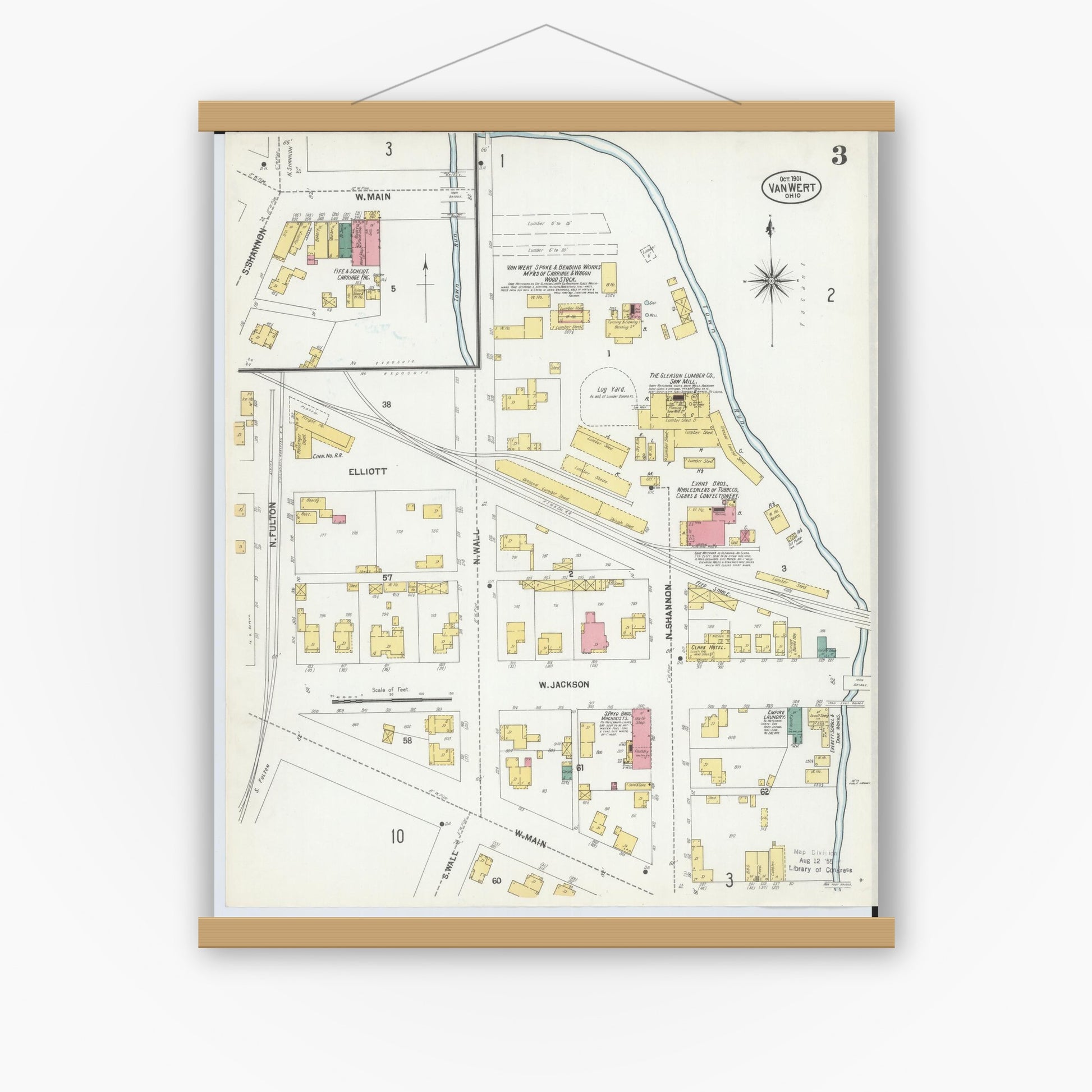 Old map wall art mockup — magnetic wood frame on white wall — Sanborn Fire Insurance Map from Van Wert, Van Wert County, Ohio (1901), Sheet #0003