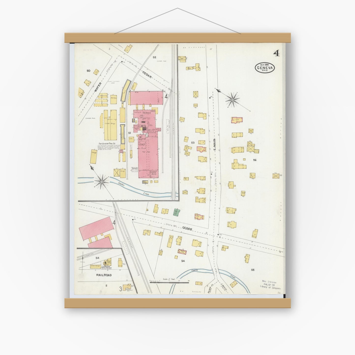Old map wall art mockup — magnetic wood frame on white wall — Sanborn Fire Insurance Map from Geneva, Ashtabula County, Ohio (1904), Sheet #0004