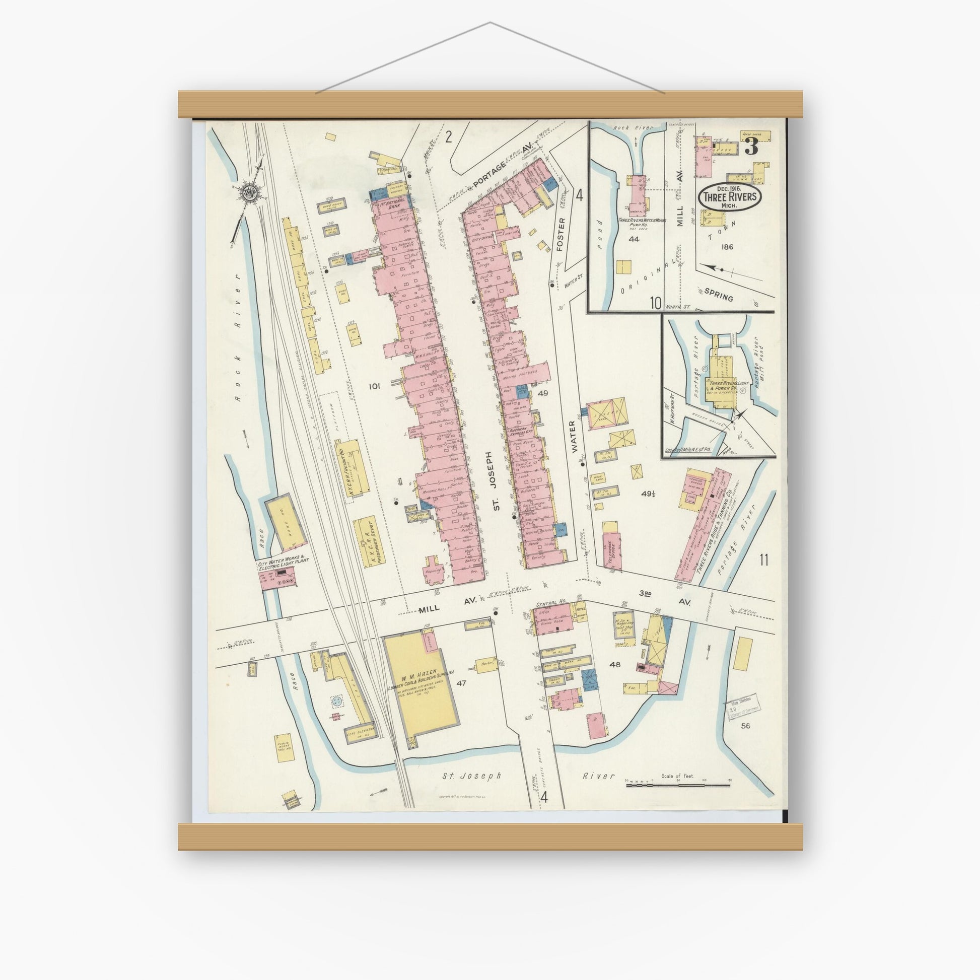 Old map wall art mockup — magnetic wood frame on white wall — Sanborn Fire Insurance Map from Three Rivers, Saint Joseph County, Michigan (1916), Sheet #0003
