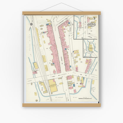 Old map wall art mockup — magnetic wood frame on white wall — Sanborn Fire Insurance Map from Three Rivers, Saint Joseph County, Michigan (1916), Sheet #0003
