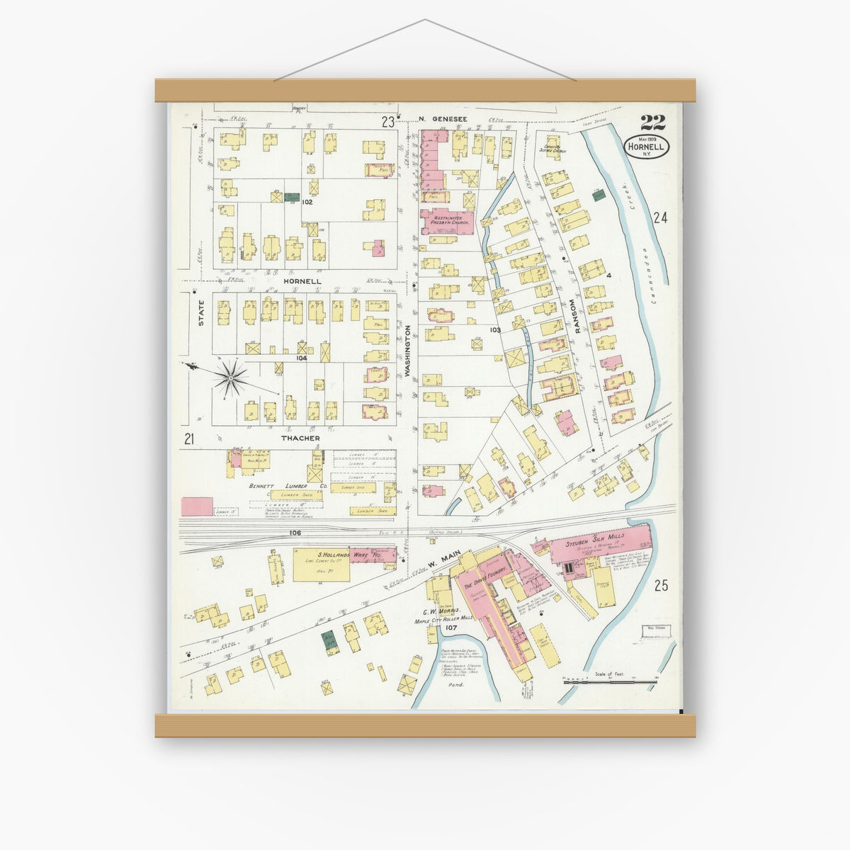 Old map wall art mockup — magnetic wood frame on white wall — Sanborn Fire Insurance Map from Hornell, Steuben County, New York (1909), Sheet #0022