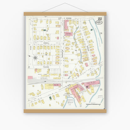 Old map wall art mockup — magnetic wood frame on white wall — Sanborn Fire Insurance Map from Hornell, Steuben County, New York (1909), Sheet #0022