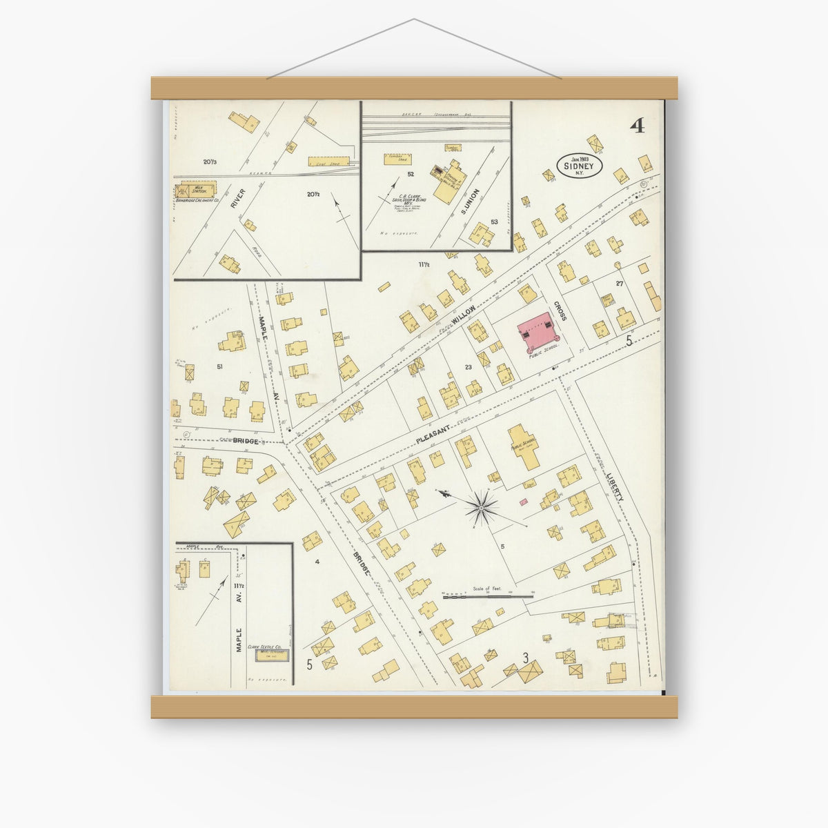 Old map wall art mockup — magnetic wood frame on white wall — Sanborn Fire Insurance Map from Sidney, Delaware County, New York (1903), Sheet #0004