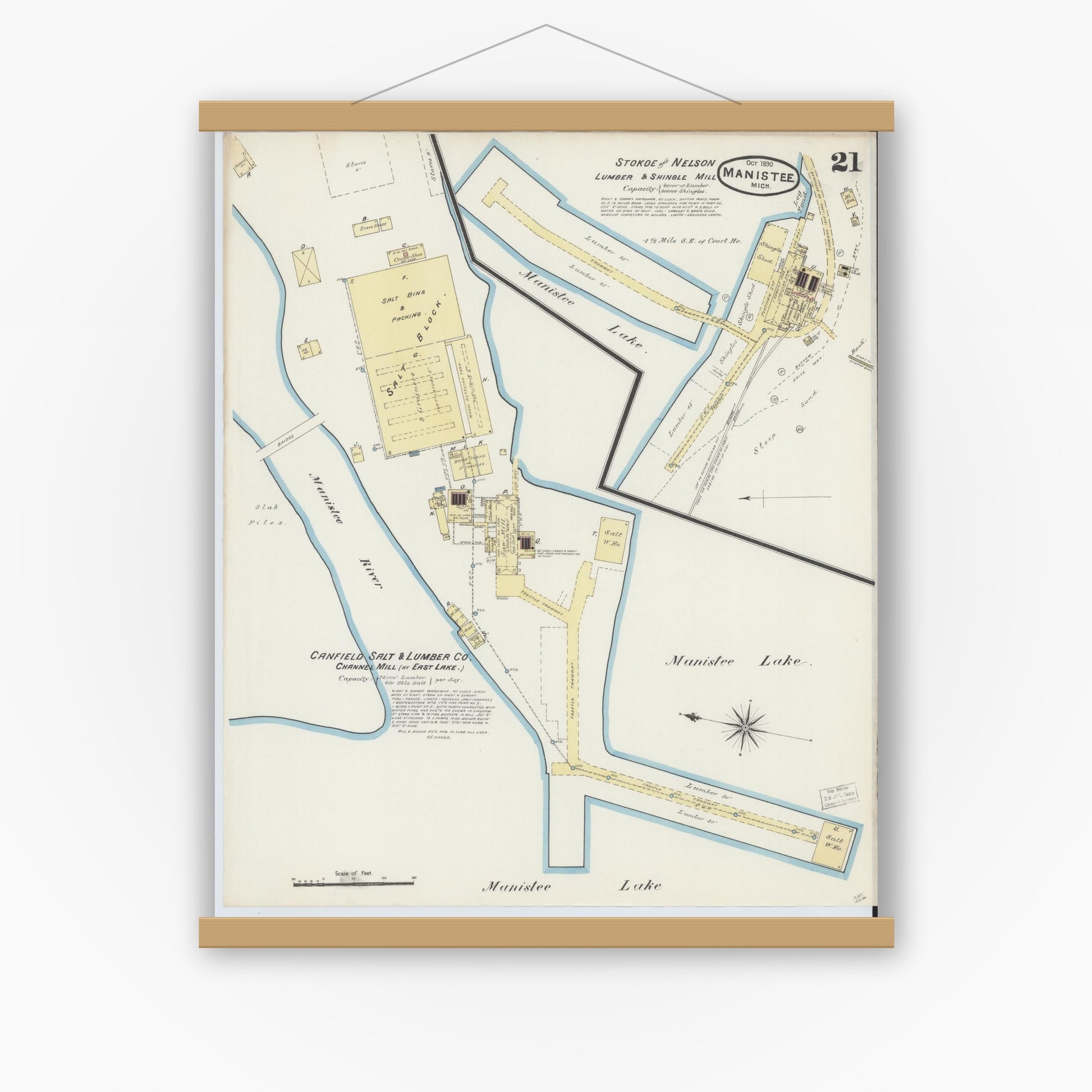 Old map wall art mockup — magnetic wood frame on white wall — Sanborn Fire Insurance Map from Manistee, Manistee County, Michigan (1890), Sheet #0021